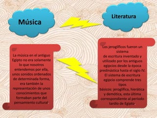 Música
Literatura
La música en el antiguo
Egipto no era solamente
lo que nosotros
entendemos por ella,
unos sonidos ordenados
de determinada forma,
era también la
representación de unos
conocimientos que
formaban parte del
pensamiento cultural.
Los jeroglíficos fueron un
sistema
de escritura inventado y
utilizado por los antiguos
egipcios desde la época
predinástica hasta el siglo IV.
El sistema de escritura
egipcio comprende tres
tipos
básicos: jeroglífica, hierática
y demótica, esta última
correspondiente al periodo
tardío de Egipto.
 