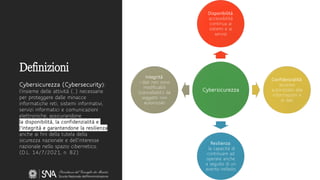 Definizioni
Cybersicurezza (Cybersecurity):
l'insieme delle attività (..) necessarie
per proteggere dalle minacce
informatiche reti, sistemi informativi,
servizi informatici e comunicazioni
elettroniche, assicurandone
la disponibilità, la confidenzialità e
l'integrità e garantendone la resilienza,
anche ai fini della tutela della
sicurezza nazionale e dell'interesse
nazionale nello spazio cibernetico.
(D.L. 14/7/2021, n. 82)
Cybersicurezza
Disponibilità:
accessibilità
continua ai
sistemi e ai
servizi
Confidenzialità:
accesso
autorizzato alle
informazioni e
ai dati
Resilienza:
la capacità di
continuare ad
operare anche
a seguito di un
evento nefasto
Integrità:
i dati non sono
modificabili
(cancellabili) da
soggetti non
autorizzati
 