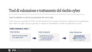 L’AgID ha elaborato un tool di autovalutazione del rischio cyber.
Il tool nasce per supportare le PP.AA. nel self-assessment di sicurezza informatica e migliorare la consapevolezza
sulle materie di Cyber Security e permette di valutare le vulnerabilità e il livello di esposizione al rischio.
Tool di valutazione e trattamento del rischio cyber
 