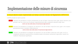 Le misure devono essere implementate con tempi e priorità indicate nel Regolamento (DPCM 81).
Il DPCM prevede tre livelli di priorità:
ALTA interventi che permettono di ridurre sensibilmente uno dei tre fattori chiave del rischio cyber. Questi interventi sono
prioritari e per loro natura sono da attuare indipendentemente dalla complessità realizzativa degli stessi
(entro sei mesi dalla data di trasmissione degli elenchi)
MEDIA interventi che permettono di conseguire una riduzione di uno dei tre fattori chiave del rischio cyber e che risultano
generalmente anche di semplice implementazione
(entro trenta mesi dalla data di trasmissione degli elenchi)
BASSA interventi che permettono di conseguire una riduzione di uno dei tre fattori chiave del rischio cyber, ma la cui
complessità realizzativa è generalmente considerata elevata (ad esempio cambiamenti organizzativi rilevanti e/o
modifiche infrastrutturali significative.
Implementazione delle misure di sicurezza
 