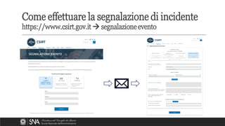 Come effettuare la segnalazione di incidente
https://www.csirt.gov.it → segnalazione evento
 