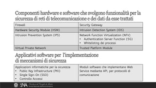 Firewall Security Gateway
Hardware Security Module (HSM) Intrusion Detection System (IDS)
Intrusion Prevention System (IPS) Network Function Virtualization (NFV)
• Authentication Server Function (5G)
• Whitelisting dei processi
Virtual Private Network Trusted Platform Module
Componenti hardware e software che svolgono funzionalità per la
sicurezza di reti di telecomunicazione e dei dati da esse trattati
Applicazioni informatiche per la sicurezza
• Public Key Infrastructure (PKI)
• Single Sign-On (SSO)
• Controllo Accessi
Moduli software che implementano Web
Service mediante API, per protocolli di
comunicazione
Applicativi software per l'implementazione
di meccanismi di sicurezza
 