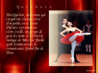 Don Quichote, un homme qui croyait être chevalier rêve d'un jardin, où se trouve Dulcinée son amoreuse  s'être éveillé, un groupe de gens les invite à célébrer la mariage de Kitri et de Basilio qu'ils terminent avec la connaissance Grand Pas de Deux. Quichote 