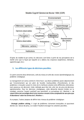 D’après de modèle-là par contre, les décisions sont faites à partir de nos perceptions de la
réalité ainsi que la façon par laquelle on a obtenu nos croyances (expérience, mémoires,
apprentissages etc.).
5. Les différents types de décisions possibles
Ce point concerne deux dimensions, celle du niveau et celle des visions épistémologiques du
problème stratégique.
Le management est connu comme le «faire face» aux divers problèmes posés objectivement
par l'environnement qui est plein de facultés inexhaustibles d'harcèlement, et des
problèmes à résoudre suivant le choix de la meilleure solution entre différentes alternatives
(voir processus de décision). Cette méthode peut être très utile lors de prise de décisions
opérationnelles. Pour les décisions stratégiques, cette démarche devient limitée car la
stratégie concerne l'aspect qualitatif que quantitatif, ce qu'explique A.C. Martinet « ...la
raison d'être de la stratégie dont le lot commun renvoie à Une complexité de sens plus que
d'abondance' selon les termes de C. Riveline ».
A ce propos, l'auteur propose de définir trois niveaux du problème stratégique :
- Strategic problem solving, il s'agit de problèmes clairement énonçables et quasiment
donnés (ex : baisse de prix), a ce stade il faudrait envisager les solutions possibles.
 