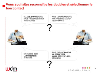 Vous souhaitez reconnaître les doubles et sélectionner le bon contact MLLE  LEJEANVRE  ALICE 2  RUE FREDERIC SACHER 35000 RENNES MLLE  LEJEANVRIE  ALICE RUE FREDERIC SACHER 35000 RENNES MR PARISSE  JEAN LA CORBETIERE 35150 BRIE MLLE PARISSE  MARTINE LA CORBETIERE ALLEE DES PEUPLIERS 35150 BRIE ? ? 