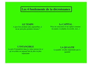 Les 4 fondements de la décroissance



                   LE TEMPS
                                    Le CAPITAL
      A quoi bon produire plus aujourd'hui, si     Prise de conscience d’un capital commun
         on ne peut plus produire demain ?
         (la nature, la planète, la société, moi...)




            L’INTANGIBLE
                                        LA QUALITE
La part d’immatériel dans la valeur perçue de ce       La qualité est plus importante que la
 qu’on achète est aujourd’hui de plus en plus                         quantité
                                                                             
                  importante
 