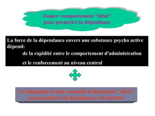 Fumer: comportement "idéal" pour permettre la dépendance La force de la dépendance envers une substance psycho active dépend: de la rapidité entre le comportement d'administration  et le renforcement au niveau central Le tabagisme est par son mode d'absorption "idéal" pour permettre la dépendance à la nicotine 