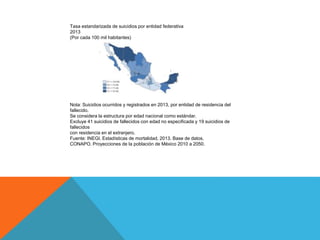 Tasa estandarizada de suicidios por entidad federativa
2013
(Por cada 100 mil habitantes)
Nota: Suicidios ocurridos y registrados en 2013, por entidad de residencia del
fallecido.
Se considera la estructura por edad nacional como estándar.
Excluye 41 suicidios de fallecidos con edad no especificada y 19 suicidios de
fallecidos
con residencia en el extranjero.
Fuente: INEGI. Estadísticas de mortalidad, 2013. Base de datos.
CONAPO. Proyecciones de la población de México 2010 a 2050.
 