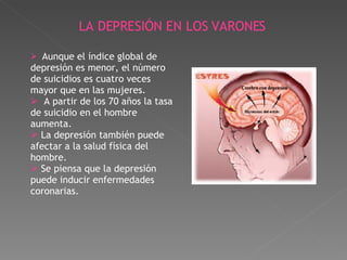 LA DEPRESIÓN EN LOS VARONES Aunque el índice global de depresión es menor, el número de suicidios es cuatro veces mayor que en las mujeres. A partir de los 70 años la tasa de suicidio en el hombre aumenta. La depresión también puede afectar a la salud física del hombre. Se piensa que la depresión puede inducir enfermedades coronarias. 