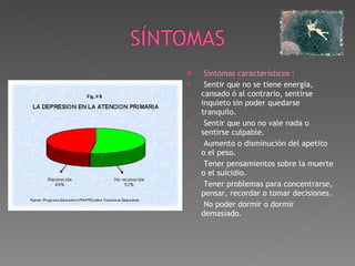 Síntomas característicos : Sentir que no se tiene energía, cansado ó al contrario, sentirse inquieto sin poder quedarse tranquilo. Sentir que uno no vale nada o sentirse culpable. Aumento o disminución del apetito o el peso. Tener pensamientos sobre la muerte o el suicidio. Tener problemas para concentrarse, pensar, recordar o tomar decisiones. No poder dormir o dormir demasiado. 