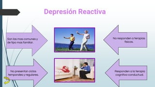 Depresión Reactiva
Son las mas comunes y
de tipo mas familiar.
No presentan ciclos
temporales y regulares.
No responden a terapias
físicas.
Responden a la terapia
cognitivo-conductual.