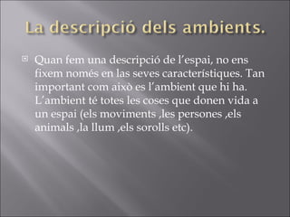 Quan fem una descripció de l’espai, no ens fixem només en las seves característiques. Tan important com això es l’ambient que hi ha. L’ambient té totes les coses que donen vida a un espai (els moviments ,les persones ,els animals ,la llum ,els sorolls etc). 