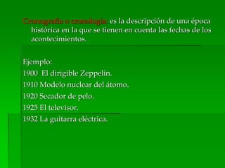 Cronografía o cronología: es la descripción de una época
histórica en la que se tienen en cuenta las fechas de los
acontecimientos.
Ejemplo:
1900 El dirigible Zeppelin.
1910 Modelo nuclear del átomo.
1920 Secador de pelo.
1925 El televisor.
1932 La guitarra eléctrica.
 