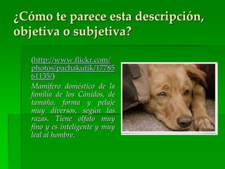 ¿Cómo te parece esta descripción,
objetiva o subjetiva?
(http://www.flickr.com/
photos/pachakutik/17785
61135/)
Mamífero doméstico de la
familia de los Cánidos, de
tamaño, forma y pelaje
muy diversos, según las
razas. Tiene olfato muy
fino y es inteligente y muy
leal al hombre.
 