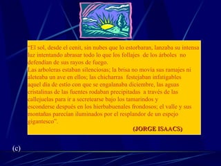 “ El sol, desde el cenit, sin nubes que lo estorbaran, lanzaba su intensa  luz intentando abrasar todo lo que los follajes  de los árboles  no defendían de sus rayos de fuego.  Las arboleras estaban silenciosas; la brisa no movía sus ramajes ni  aleteaba un ave en ellos; las chicharras  festejaban infatigables  aquel día de estío con que se engalanaba diciembre, las aguas  cristalinas de las fuentes rodaban precipitadas  a través de las  callejuelas para ir a secretearse bajo los tamarindos y esconderse después en los hierbabuenales frondosos; el valle y sus  montañas parecían iluminados por el resplandor de un espejo  gigantesco”.  (JORGE ISAACS) (c) 