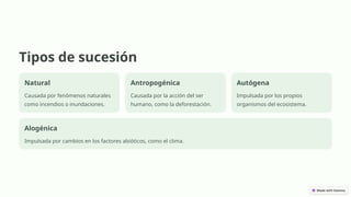 Tipos de sucesión
Natural
Causada por fenómenos naturales
como incendios o inundaciones.
Antropogénica
Causada por la acción del ser
humano, como la deforestación.
Autógena
Impulsada por los propios
organismos del ecosistema.
Alogénica
Impulsada por cambios en los factores abióticos, como el clima.
 