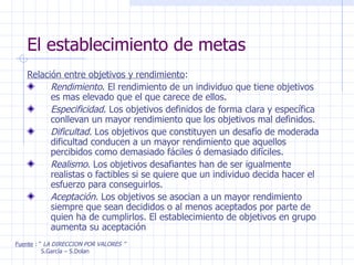 El establecimiento de metas Relación entre objetivos y rendimiento : Rendimiento . El rendimiento de un individuo que tiene objetivos es mas elevado que el que carece de ellos. Especificidad . Los objetivos definidos de forma clara y específica conllevan un mayor rendimiento que los objetivos mal definidos. Dificultad . Los objetivos que constituyen un desafío de moderada dificultad conducen a un mayor rendimiento que aquellos percibidos como demasiado fáciles ó demasiado difíciles. Realismo . Los objetivos desafiantes han de ser igualmente realistas o factibles si se quiere que un individuo decida hacer el esfuerzo para conseguirlos. Aceptación.  Los objetivos se asocian a un mayor rendimiento siempre que sean decididos o al menos aceptados por parte de quien ha de cumplirlos. El establecimiento de objetivos en grupo aumenta su aceptación Fuente  : “  LA DIRECCION POR VALORES ” S.García – S.Dolan 