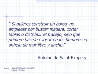 “  Si quieres construir un barco, no empieces por buscar madera, cortar tablas o distribuir el trabajo, sino que primero has de evocar en los hombres el anhelo de mar libre y ancho.” Antoine de Saint-Exupery Fuente  : “  LA DIRECCION POR VALORES ” S.García – S.Dolan 