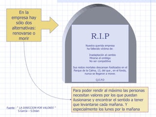 R.I.P Nuestra querida empresa ha fallecido víctima de:   Inadaptación al cambio Mirarse el ombligo No ser competitiva Sus restos mortales descansan fosilizados en el Parque de la Calma, 13, del que , en el fondo, nunca se llegaron a mover. Q.E.P.D Fuente  : “  LA DIRECCION POR VALORES ” S.García – S.Dolan En la empresa hay sólo dos alternativas: renovarse o morir Para poder rendir al máximo las personas necesitan valores por los que puedan ilusionarse y encontrar el sentido a tener que levantarse cada mañana. Y especialmente los lunes por la mañana 