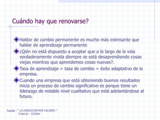 Cuándo hay que renovarse? Hablar de cambio permanente es mucho más estresante que hablar de aprendizaje permanente ¿Qién no está dispuesto a aceptar que a lo largo de la vida verdaderamente vivida diempre se está desaprendiendo cosas viejas mientras que aprendemos cosas nuevas?. Tasa de aprendizaje > tasa de cambio = éxito adaptativo de la empresa. Cuando una empresa que está obteniendo buenos resultados inicia un proceso de cambio significativo es porque tiene un liderazgo de notable nivel cualitativo que está adelantándose al futuro. Fuente  : “  LA DIRECCION POR VALORES ” S.García – S.Dolan 