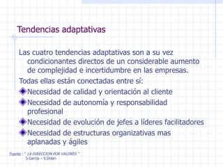 Tendencias adaptativas Las cuatro tendencias adaptativas son a su vez condicionantes directos de un considerable aumento de complejidad e incertidumbre en las empresas. Todas ellas están conectadas entre sí: Necesidad de calidad y orientación al cliente Necesidad de autonomía y responsabilidad profesional Necesidad de evolución de jefes a líderes facilitadores Necesidad de estructuras organizativas mas aplanadas y ágiles Fuente  : “  LA DIRECCION POR VALORES ” S.García – S.Dolan 