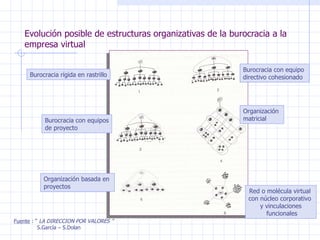 Evolución posible de estructuras organizativas de la burocracia a la empresa virtual Fuente  : “  LA DIRECCION POR VALORES ” S.García – S.Dolan Burocracia rígida en rastrillo Burocracia con equipo  directivo cohesionado Burocracia con equipos de proyecto Organización  matricial Organización basada en  proyectos Red o molécula virtual  con núcleo corporativo  y vinculaciones funcionales 