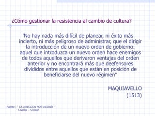 ¿Cómo gestionar la resistencia al cambio de cultura? “ No hay nada más difícil de planear, ni éxito más incierto, ni más peligroso de administrar, que el dirigir la introducción de un nuevo orden de gobierno: aquel que introduzca un nuevo orden hace enemigos de todos aquellos que derivaron ventajas del orden anterior y no encontrará más que deefensores divididos entre aquellos que están en posición de beneficiarse del nuevo régimen” MAQUIAVELLO (1513) Fuente  : “  LA DIRECCION POR VALORES ” S.García – S.Dolan 