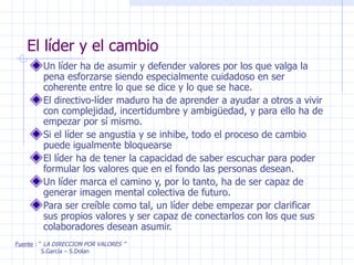 El líder y el cambio Un líder ha de asumir y defender valores por los que valga la pena esforzarse siendo especialmente cuidadoso en ser coherente entre lo que se dice y lo que se hace. El directivo-líder maduro ha de aprender a ayudar a otros a vivir con complejidad, incertidumbre y ambigüedad, y para ello ha de empezar por sí mismo. Si el líder se angustia y se inhibe, todo el proceso de cambio puede igualmente bloquearse El líder ha de tener la capacidad de saber escuchar para poder formular los valores que en el fondo las personas desean. Un líder marca el camino y, por lo tanto, ha de ser capaz de generar imagen mental colectiva de futuro. Para ser creíble como tal, un líder debe empezar por clarificar sus propios valores y ser capaz de conectarlos con los que sus colaboradores desean asumir. Fuente  : “  LA DIRECCION POR VALORES ” S.García – S.Dolan 