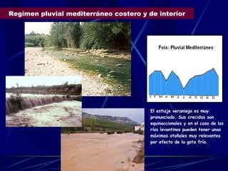 Regimen pluvial mediterráneo costero y de interior El estiaje veraniego es muy pronunciado. Sus crecidas son equinoccionales y en el caso de los ríos levantinos pueden tener unas máximas otoñales muy relevantes por efecto de la gota fría. 