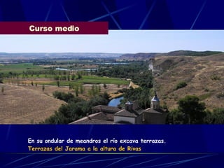 Curso medio En su ondular de meandros el río excava terrazas.  Terrazas del Jarama a la altura de Rivas 