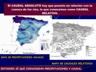 El CAUDAL ABSOLUTO hay que ponerlo en relación con la cuenca de los ríos, lo que conocemos como CAUDAL RELATIVO. MAPA DE PRECIPITACIONES ANUALES MAPA DE CAUDALES RELATIVOS ENTONCES SÍ QUE COINCIDIRÁN PRECIPITACIONES Y CAUDAL 