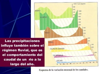 Las precipitaciones influye también sobre el régimen fluvial, que es el comportamiento del caudal de un  río a lo largo del año. 