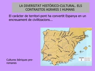 LA DIVERSITAT HISTÒRICO-CULTURAL. ELS CONTRASTOS AGRARIS I HUMANS   El caràcter de territori-pont ha convertit Espanya en un encreuament de civilitzacions... Cultures ibèriques pre-romanes 