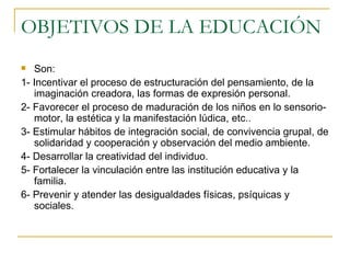 OBJETIVOS DE LA EDUCACIÓN Son: 1- Incentivar el proceso de estructuración del pensamiento, de la imaginación creadora, las formas de expresión personal. 2- Favorecer el proceso de maduración de los niños en lo sensorio-motor, la estética y la manifestación lúdica, etc.. 3- Estimular hábitos de integración social, de convivencia grupal, de solidaridad y cooperación y observación del medio ambiente. 4- Desarrollar la creatividad del individuo. 5- Fortalecer la vinculación entre las institución educativa y la familia. 6- Prevenir y atender las desigualdades físicas, psíquicas y sociales. 