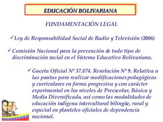 Gaceta Oficial Nº 37.874. Resolución Nº 9. Relativa a las pautas para realizar modificaciones pedagógicas y curriculares en forma progresiva y con carácter experimental en los niveles de Preescolar, Básica y Media Diversificada, así como las modalidades de educación indígena intercultural bilingüe, rural y especial en planteles oficiales de dependencia nacional. FUNDAMENTACIÓN LEGAL EDUCACIÓN BOLIVARIANA Comisión Nacional para la prevención de todo tipo de discriminación racial en el Sistema Educativo Bolivariano. Ley de Responsabilidad Social de Radio y Televisión (2006) 