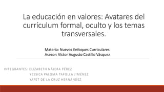 La educación en valores: Avatares del
currículum formal, oculto y los temas
transversales.
INTEGRANTES: ELIZABETH NÁJERA PÉREZ
YESSICA PALOMA TAFOLLA JIMÉNEZ
YAFET DE LA CRUZ HERNÁNDEZ
Materia: Nuevos Enfoques Curriculares
Asesor: Víctor Augusto Castillo Vásquez
 