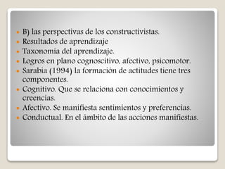  B) las perspectivas de los constructivistas.
 Resultados de aprendizaje
 Taxonomía del aprendizaje.
 Logros en plano cognoscitivo, afectivo, psicomotor.
 Sarabia (1994) la formación de actitudes tiene tres
componentes.
 Cognitivo. Que se relaciona con conocimientos y
creencias.
 Afectivo. Se manifiesta sentimientos y preferencias.
 Conductual. En el ámbito de las acciones manifiestas.
 