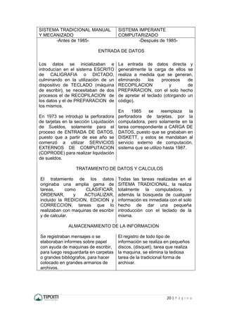 20 | P á g i n a
SISTEMA TRADICIONAL MANUAL
Y MECANIZADO
SISTEMA IMPERANTE
COMPUTARIZADO
-Antes de 1985- -Después de 1985-
ENTRADA DE DATOS
Los datos se inicializaban e
introducían en el sistema ESCRITO
de CALIGRAFIA o DICTADO,
culminando en la utilización de un
dispositivo de TECLADO (máquina
de escribir), se necesitaban de dos
procesos el de RECOPILACION de
los datos y el de PREPARACION de
los mismos.
En 1973 se introdujo la perforadora
de tarjetas en la sección Liquidación
de Sueldos, solamente para el
proceso de ENTRADA DE DATOS,
puesto que a partir de ese año se
comenzó a utilizar SERVICIOS
EXTERNOS DE COMPUTACION
(COPRODE) para realizar liquidación
de sueldos.
La entrada de datos directa y
generalmente la carga de ellos se
realiza a medida que se generan,
eliminando los procesos de
RECOPILACION y de
PREPARACION, con el solo hecho
de apretar el teclado (otorgando un
código).
En 1985 se reemplaza la
perforadora de tarjetas, por la
computadora, pero solamente en la
tarea correspondiente a CARGA DE
DATOS, puesto que se grababan en
DISKETT, y estos se mandaban al
servicio externo de computación,
sistema que se utilizo hasta 1987.
TRATAMIENTO DE DATOS Y CALCULOS
El tratamiento de los datos
originaba una amplia gama de
tareas, como CLASIFICAR,
ORDENAR, y ACTUALIZAR,
incluido la REDICION, EDICION y
CORRECCION, tareas que lo
realizaban con maquinas de escribir
y de calcular.
Todas las tareas realizadas en el
SITEMA TRADICIONAL, la realiza
totalmente la computadora, y
además la búsqueda de cualquier
información es inmediata con el solo
hecho de dar una pequeña
introducción con el teclado de la
misma.
ALMACENAMIENTO DE LA INFORMACION
Se registraban mensajes o se
elaboraban informes sobre papel
con ayuda de maquinas de escribir,
para luego resguardarla en carpetas
o grandes bibliógrafos, para hacer
colocado en grandes armarios de
archivos.
El registro de todo tipo de
información se realiza en pequeños
discos, (disquet), tarea que realiza
la maquina, se elimina la tediosa
tarea de la tradicional forma de
archivar.
 