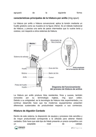 27 | P á g i n a
agrupará de la siguiente forma:
características principales de la hilatura por anillo (ring spun)
La hilatura por anillo o hilatura convencional, aplica la torsión mediante un
husillo giratorio como se muestra en la figura inferior. Es el método tradicional
de hilatura, y precisa una serie de pasos intermedios que lo vuelve lento y
costoso, con respecto a otros sistemas de hilatura.
La hilatura por anillo produce hilos resistentes, finos y suaves, también
conocidos por su terminología inglesa, ring spun cotton.
Debido a su antigüedad, es la tecnología de hilatura más experimentada y su
continuo desarrollo hace que los modernos equipamientos presenten
diferencias sustanciales de productividad respecto a sus comienzos.
Hilatura de Algodón Cardado
Dentro de este sistema, la disposición de equipos y procesos más sencillos y
de mayor productividad corresponde a la utilizada para obtener hilados
cardados. Esto hace que este tipo de hilado presente un precio competitivo con
un aceptable nivel de calidad.
 