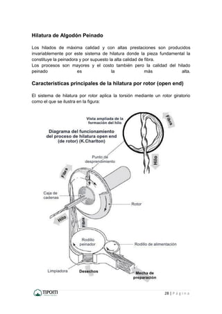 28 | P á g i n a
Hilatura de Algodón Peinado
Los hilados de máxima calidad y con altas prestaciones son producidos
invariablemente por este sistema de hilatura donde la pieza fundamental la
constituye la peinadora y por supuesto la alta calidad de fibra.
Los procesos son mayores y el costo también pero la calidad del hilado
peinado es la más alta.
Características principales de la hilatura por rotor (open end)
El sistema de hilatura por rotor aplica la torsión mediante un rotor giratorio
como el que se ilustra en la figura:
 