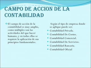 CAMPO DE ACCION DE LA CONTABILIDAD El campo de acción de la contabilidad es muy amplio, como múltiples son las actividades del que hacer humano, y en todas ellas se requiere la aplicación de sus principios fundamentales.  Según el tipo de empresa donde se aplique puede ser: Contabilidad Privada. Contabilidad De Costos. Contabilidad Comercial. Contabilidad De Servicios. Contabilidad Bancaria. Contabilidad Oficial 