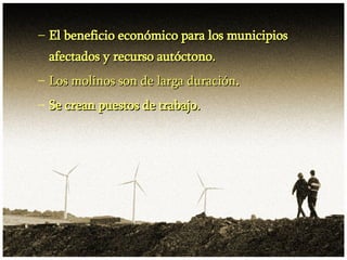 El beneficio económico para los municipios afectados y recurso autóctono. Los molinos son de larga duración . Se crean puestos de trabajo. 