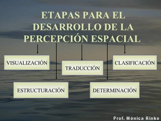 ETAPAS   PARA EL DESARROLLO DE LA PERCEPCIÓN ESPACIAL   VISUALIZACIÓN ESTRUCTURACIÓN TRADUCCIÓN DETERMINACIÓN CLASIFICACIÓN 