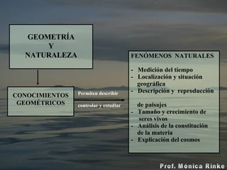 GEOMETRÍA Y NATURALEZA CONOCIMIENTOS GEOMÉTRICOS Permiten describir controlar y estudiar  FENÓMENOS  NATURALES -  Medición del tiempo -  Localización y situación geográfica  -  Descripción y  reproducción  de paisajes -  Tamaño y crecimiento de  seres vivos  -  Análisis de la constitución  de la materia -  Explicación del cosmos  