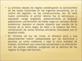 La primera oleada de negros constituyeron la servidumbre de las casas haciendas en los ingenios azucareros, en el cultivo del algodón, en las construcciones, etc. En este nuevo continente el primer idioma fue el samaracca o expresión congo angoleña, posteriormente el lenguaje papiamento, combinación de habla negra en Jamaica donde predomina. Aparece el cleocle dialecto que resulta de la mezcla de la etnia negra de Haití y la replana del Perú, combinación de varios idiomas africanos mezclados con el español criollo. En Chincha (al sur de Lima), el africano puro y sus descendientes fueron catequizados por los dominicos y jesuitas; ya como cristianos y bajo la dura realidad de trabajo, mimetizan sus creencias ancestrales y la articularon con los santos católicos, surgiendo así la patrona de los negros: la Virgen del Carmen. 