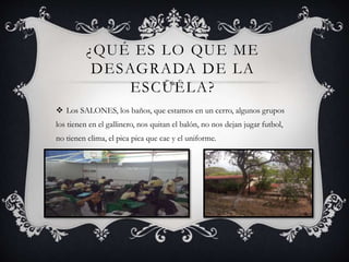 ¿QUÉ ES LO QUE ME
DESAGRADA DE LA
ESCUELA?
 Los SALONES, los baños, que estamos en un cerro, algunos grupos
los tienen en el gallinero, nos quitan el balón, no nos dejan jugar futbol,
no tienen clima, el pica pica que cae y el uniforme.
 