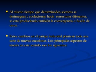 Al mismo tiempo que determinados sectores se desintegran y evolucionan hacia  estructuras diferentes, se está produciendo también la convergencia o fusión de otros. Estos cambios en el paisaje industrial plantean toda una serie de nuevas cuestiones. Los principales aspectos de interés en este sentido son los siguientes: 