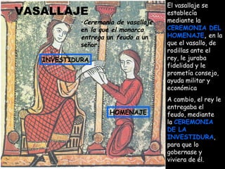 VASALLAJE El vasallaje se establecía mediante la  CEREMONIA DEL HOMENAJE ,  en la que el vasallo, de rodillas ante el rey, le juraba fidelidad y le prometía consejo, ayuda militar y económica A cambio, el rey le entregaba el feudo, mediante  la  CEREMONIA DE LA  INVESTIDURA , para que lo gobernase y viviera de él. Ceremonia de vasallaje  en  la que el monarca entrega  un  feudo a  un señor. HOMENAJE INVESTIDURA 