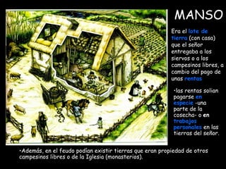 MANSO Además, en el feudo podían existir tierras que eran propiedad de otros campesinos libres o de la Iglesia (monasterios). Era el  lote de tierra  (con casa) que el señor entregaba a los  siervos o a los campesinos libres, a cambio del pago de unas  rentas   las rentas solian pagarse  en especie  -una parte de la cosecha- o  en  trabajos personales  en las tierras del señor.  