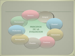 PRINCIPIOS  DE  LA EVALUACION Integral Gradual Sistematica Continua Flexible Participativa Permanente Perfectible Tecnica 